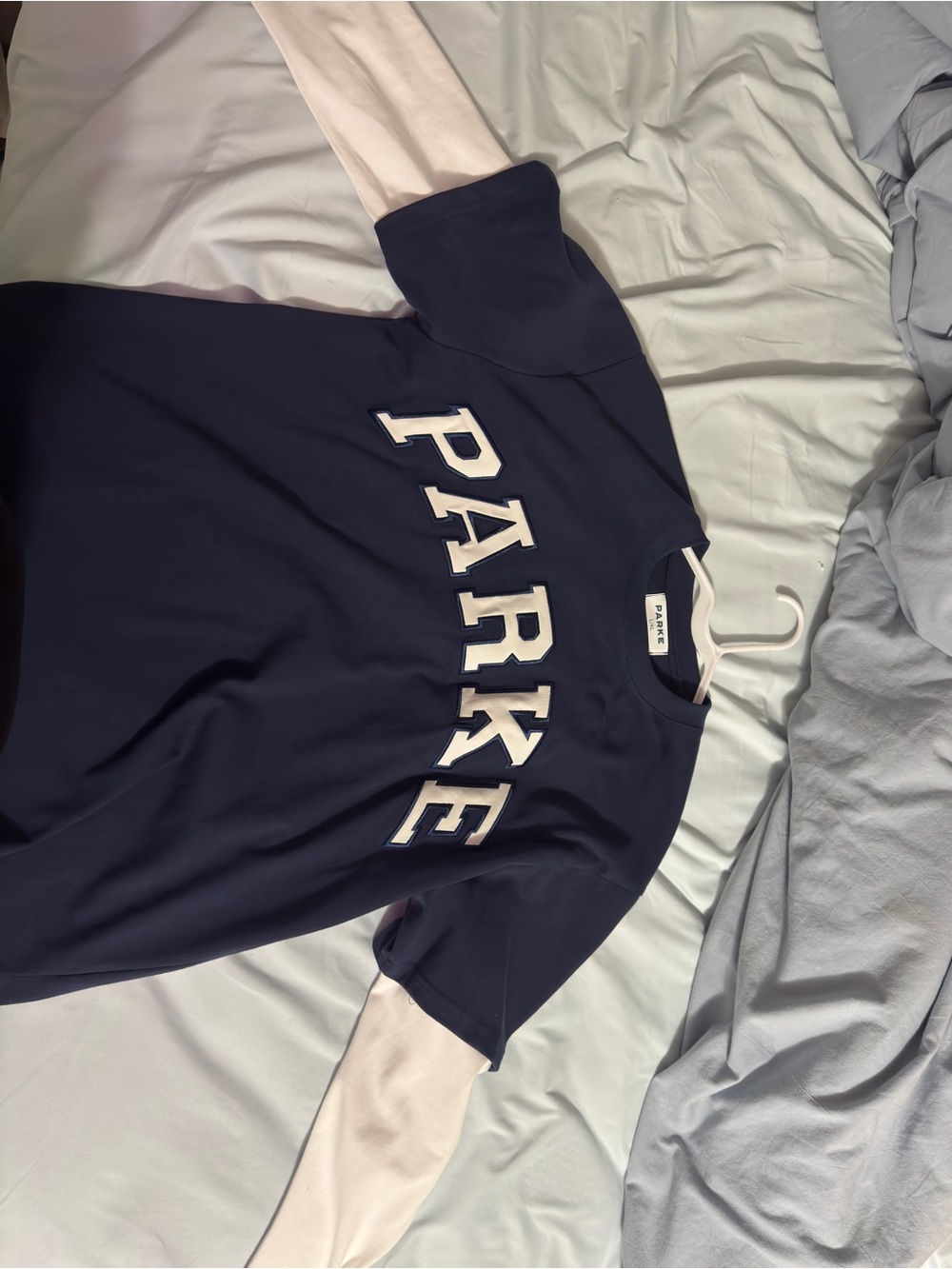 Parke Navy Tee with White Layered-Look Sleeves and PARKE Chest Logo